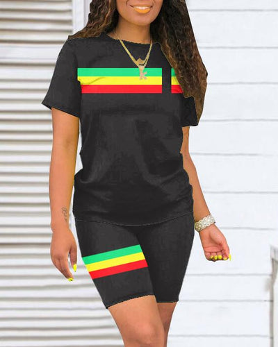 Reggae Black Power Stripes Short Sleeve Shorts Set