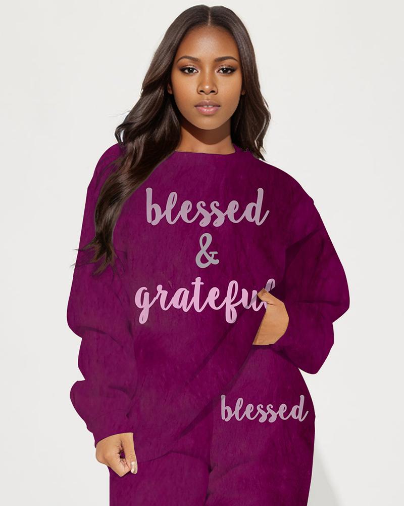 Tie Dye Blessed & Grateful Print Long Sleeve Sweatshirt Two Pieces Set