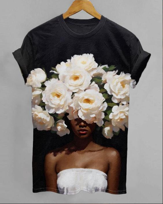 Black Woman Head Flowers Unisex Short Sleeve Tshirt