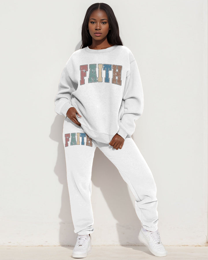 Colorful Faith Print Long Sleeve Sweatshirt Two Pieces Set