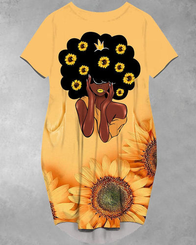 Sunflower Girl Baggy Long Sleeve Pockets Midi Dresses