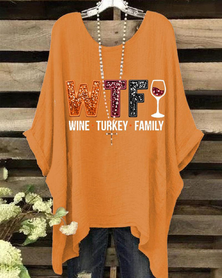 Women's Thanksgiving Wine Turkey Family Crewneck Batwing Sleeve Printed Blouse