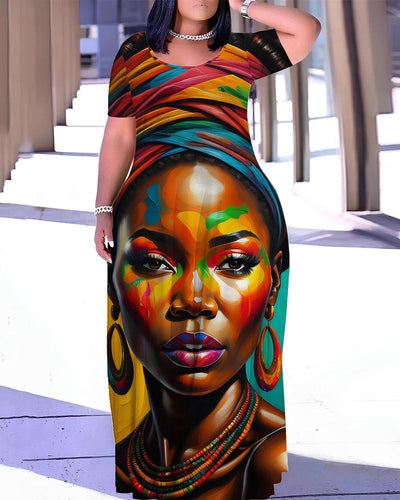 Black Girl Ethnic Style Contrasting Print Round Neck Long Skirt