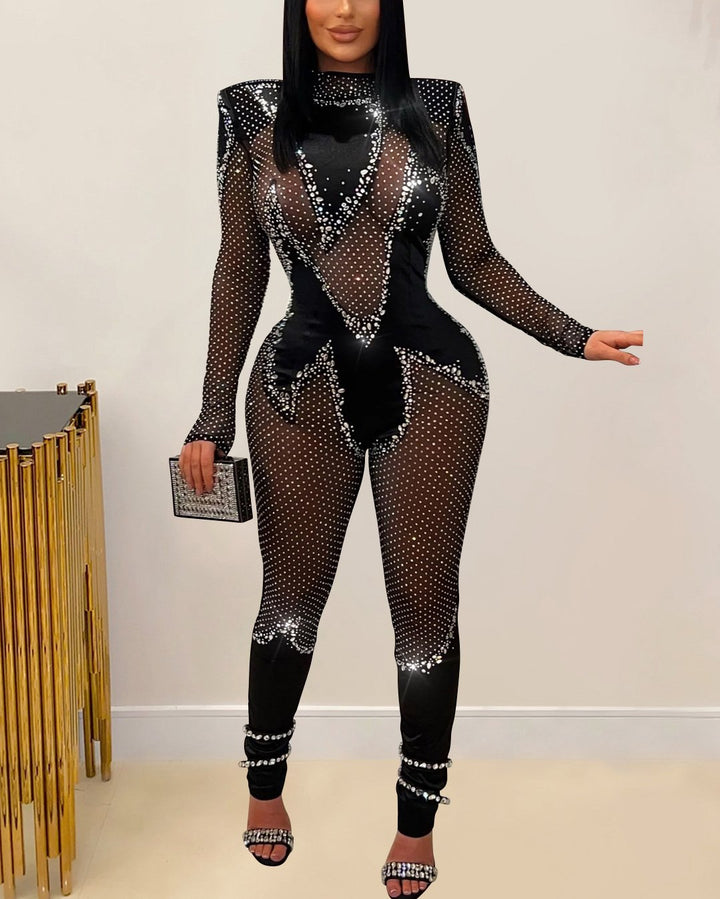 Women's Fashion Sexy Solid Color Mesh Hot Diamond Long Sleeve Long Pants Jumpsuit