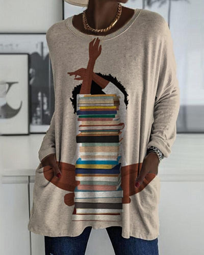 Black Girl Book Personalized Print Crew Neck Pocket Top