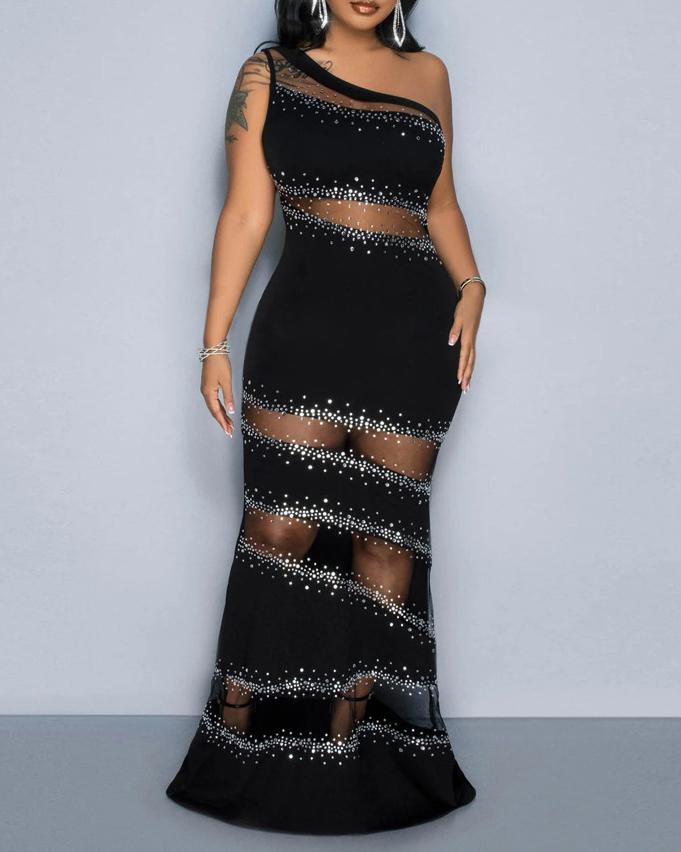 Fashionable Slim Sexy Spliced mesh Hip-hugging Evening Dress