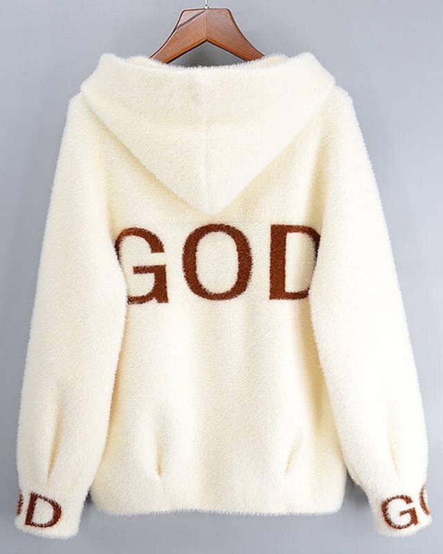 God Knitted Plush Hoodie Cardigan Jacket