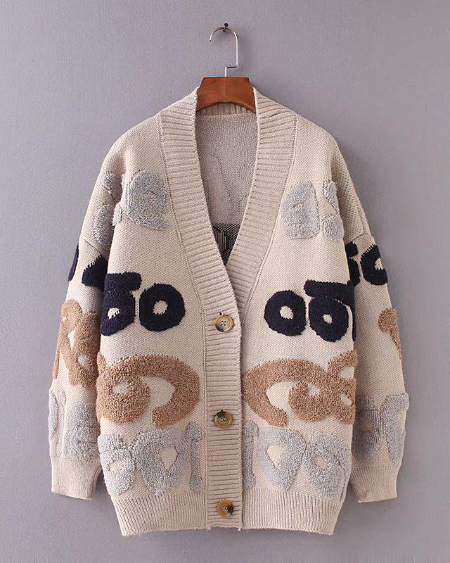 Women's Fashion Letter V-Neck Jacket Lazy Style Jacquard Knitting Sweater Cardigan