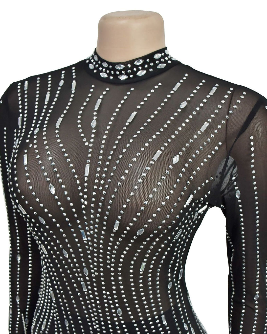 Women's Fashion Solid Color Sexy Tight Mesh See-through Rhinestone Suspender Party Dress