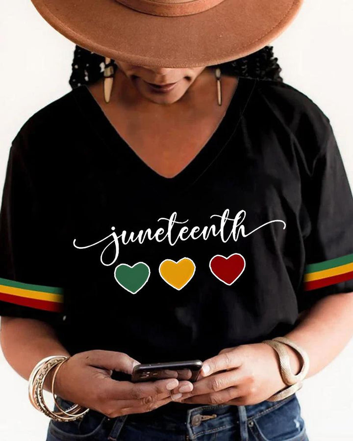 Juneteenth Heart Letter Print V Neck Short Sleeves