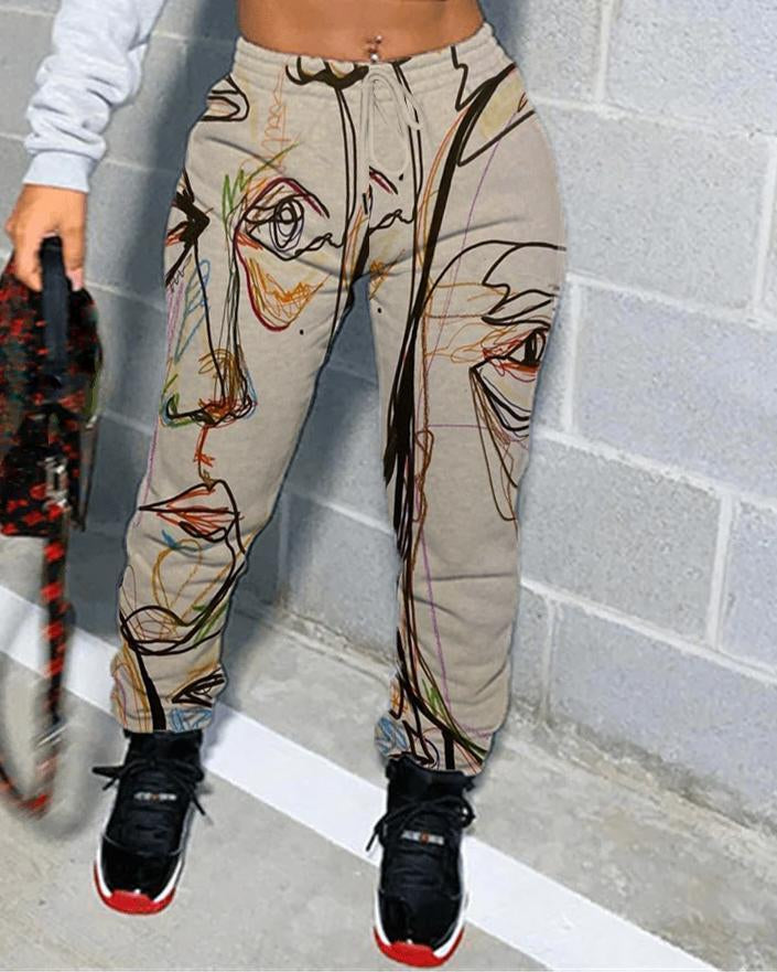 Casual Abstract Human Face Print Track Sweatpants