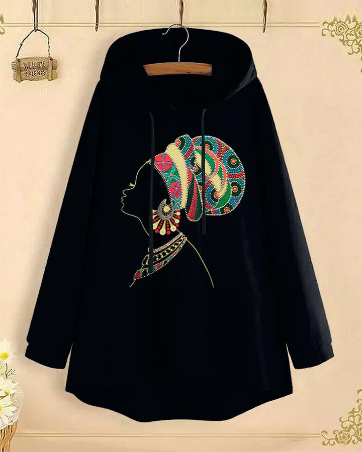 Chic Retro Ethnic Print Long-Sleeved with Loose Hem Hoodie