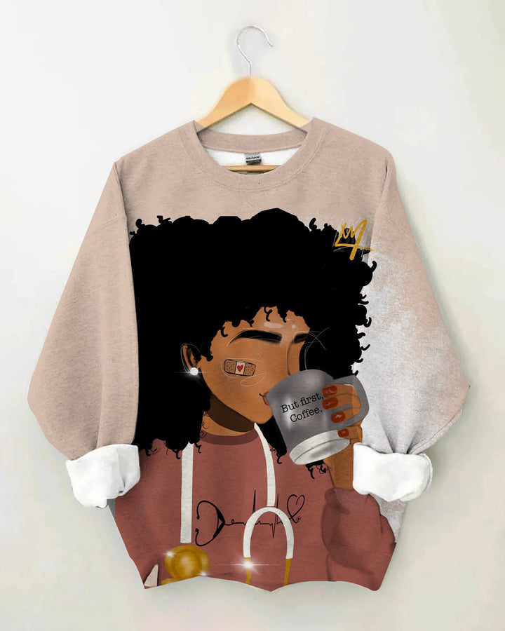 Brown Girl Drinking Coffee Painting Long Sleeve Sweatshirt