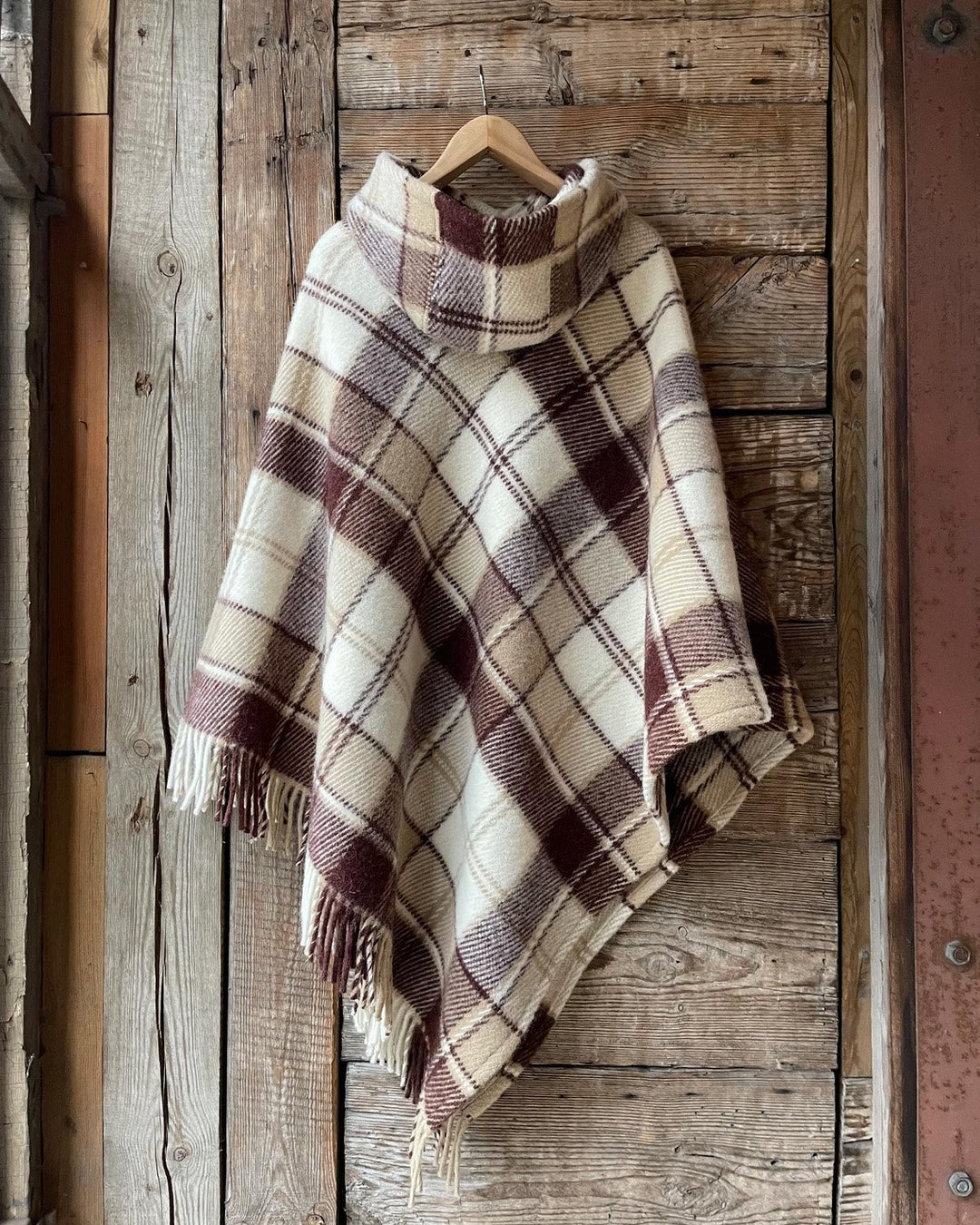 Khaki Plaid Stripes Tassels Hooded Warm Shawl Cape