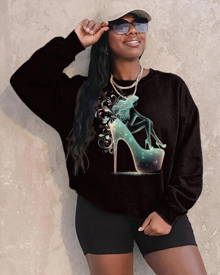 Shiny High Heels Black Girl Long Sleeve Crewneck Sweatshirt