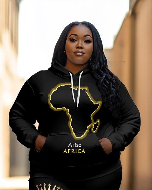 Fashion Simple Africa Map Print Long Sleeve Hoodie Two Pieces Set