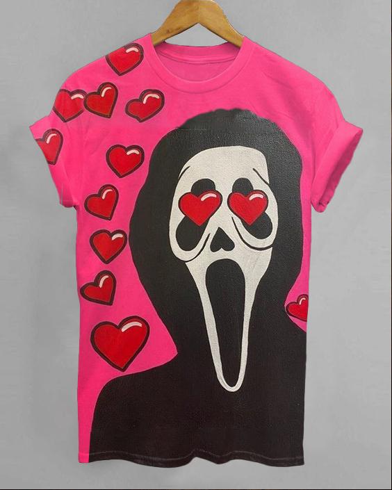 Halloween Heart Skull Print Crew Neck Short Sleeve Shirt