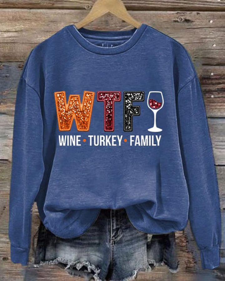 Women's Thanksgiving Wine Turkey Family Print Round Neck Sweatshirt