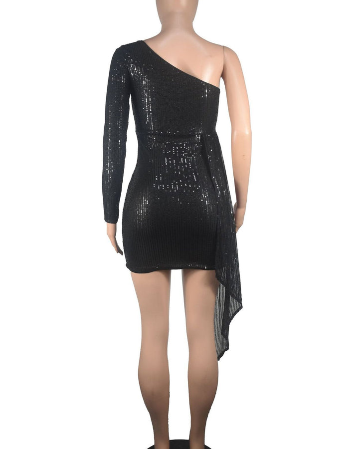 Women's Fashion Solid Sequined Ribbon Hip-Wrapped One-Shoulder Long-Sleeved Evening Party Dress