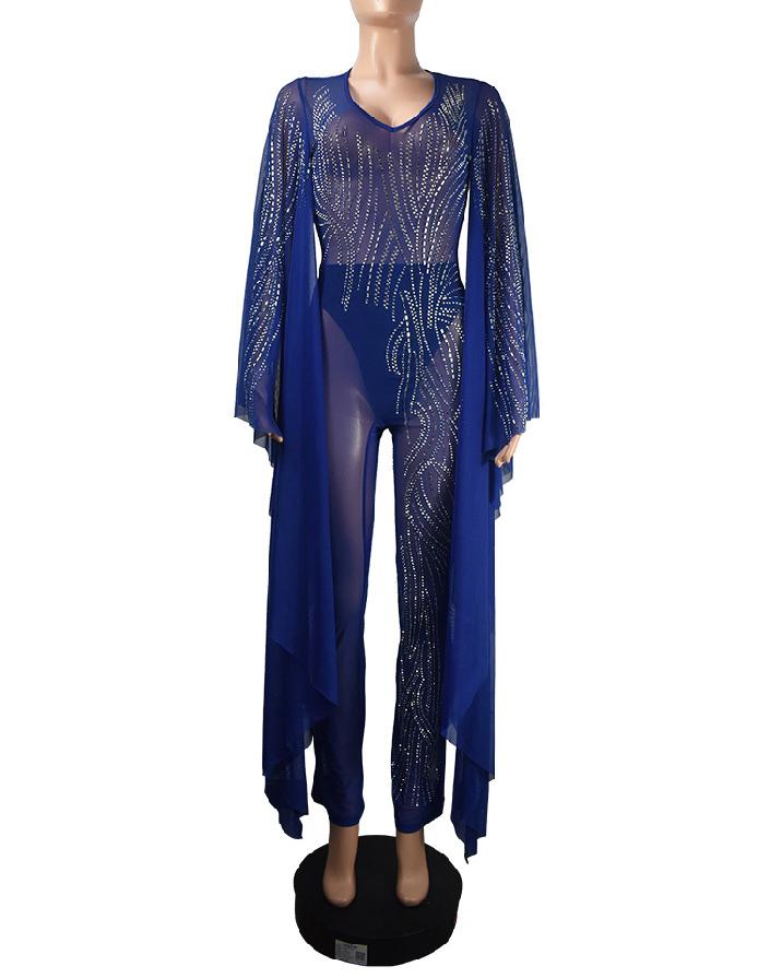 Women's Fashion Hot Diamond Mesh Sexy See-Through V-Neck Bat Sleeve Evening Party Jumpsuit