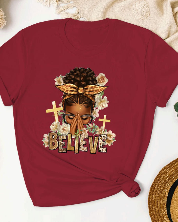 Believe Praying Afro Messy Bun Short Sleeve Tshirt