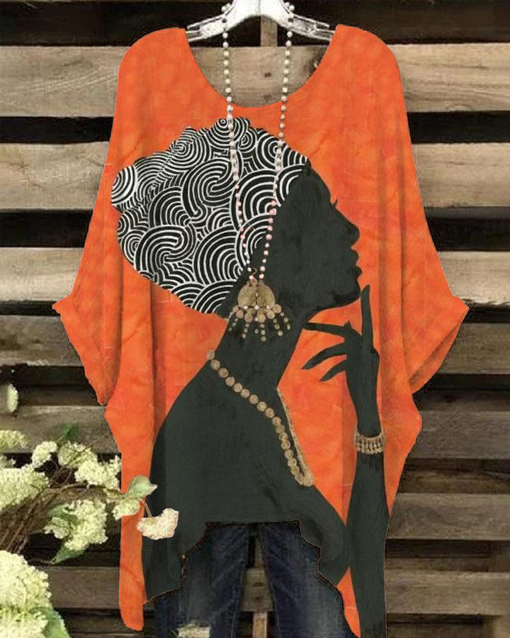 Ladies Thanksgiving Black Girl Print Round Neck Bat Sleeve Blouses