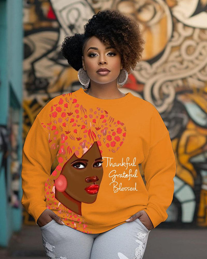 Women's Crewneck Black Women Thanksgiving Day Slogan Thankful Grateful Blessed Print Long Sleeve Sweatshirts