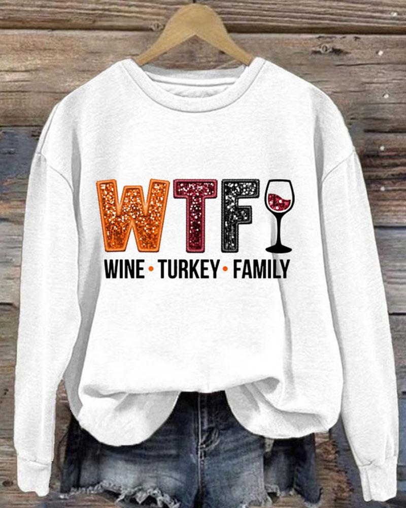 Women's Thanksgiving Wine Turkey Family Print Round Neck Sweatshirt