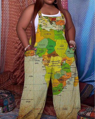 African Map Retro Printed Camisole Jumpsuit