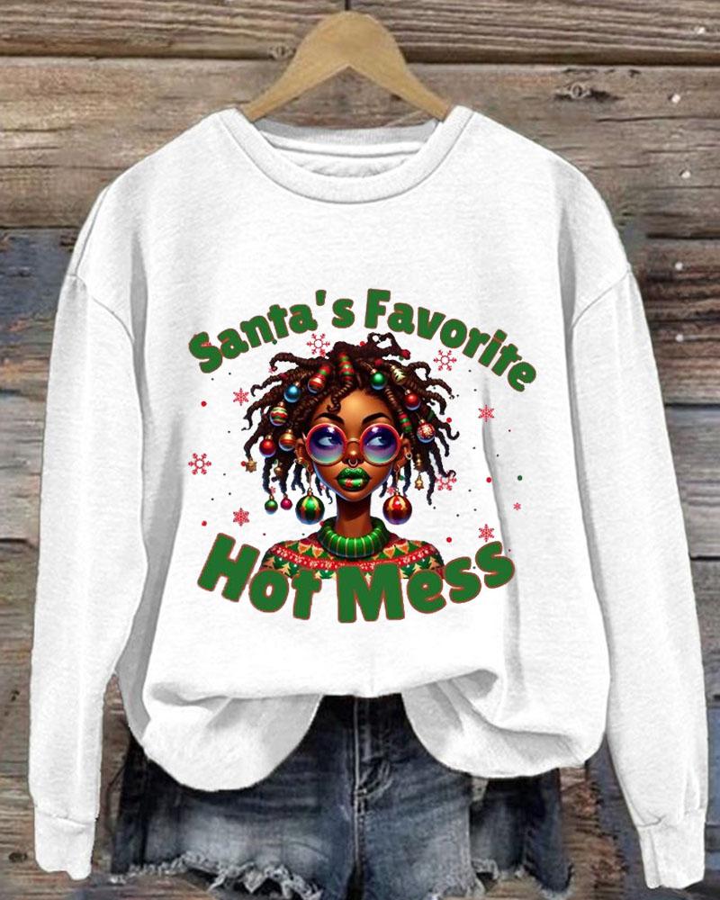 Women's Christmas Black Girl Santa's Favorite Hotmess Print Crew Neck Sweatershirts