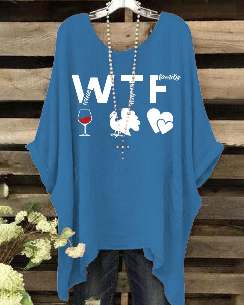 Women's Thanksgiving Wine Turkey Family Round Neck Print Shirt