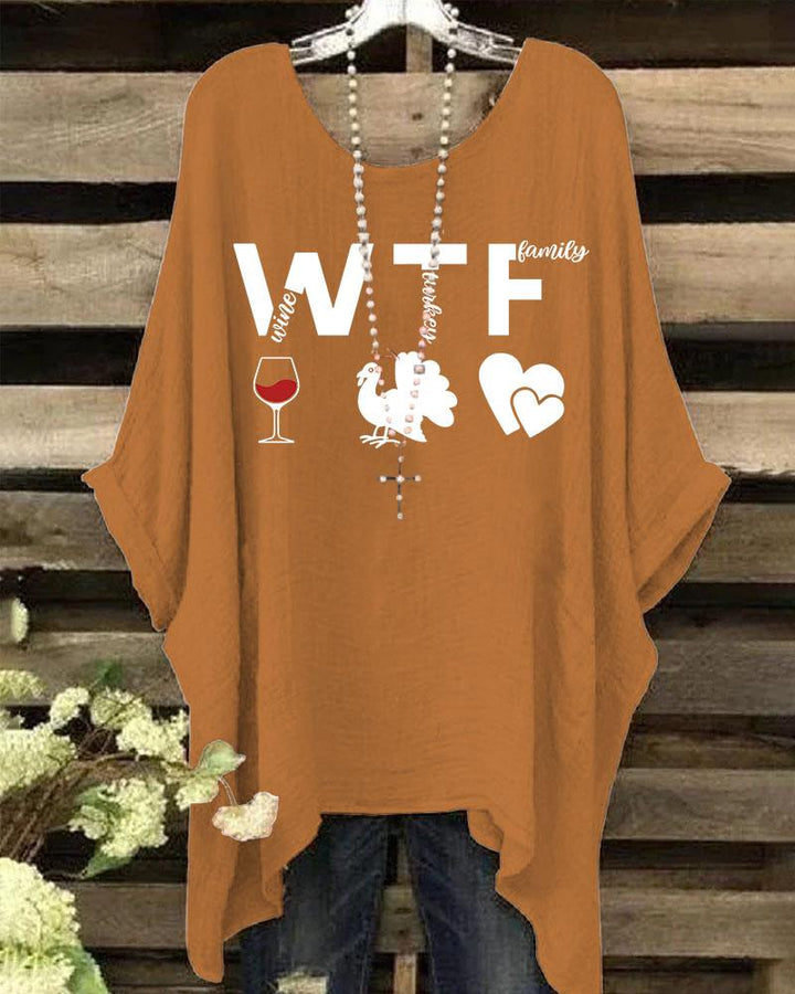 Women's Thanksgiving Wine Turkey Family Round Neck Print Shirt