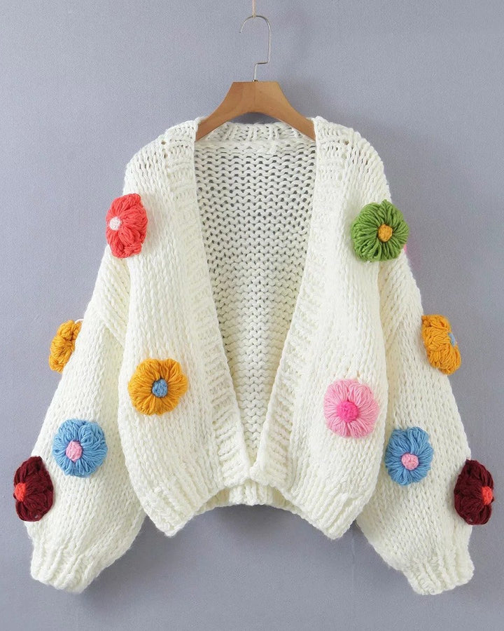 Women's Fashion Loose Thick Needle Wool Handmade Flower Lantern Sleeve Knitted Sweater Cardigan