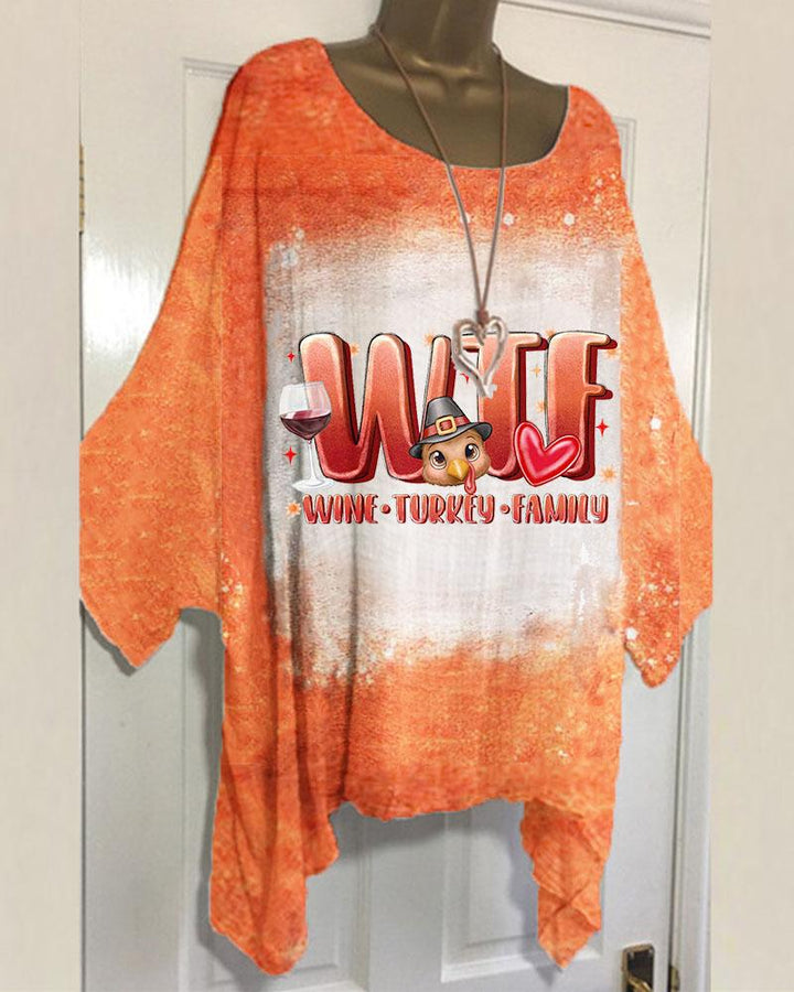 Thanksgiving Wine Turkey Family Women Round Neck Tie-Dye Printed Shirt