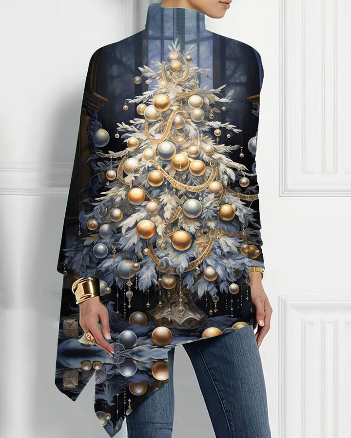 Women's Turtleneck Irregular Christmas Print Top