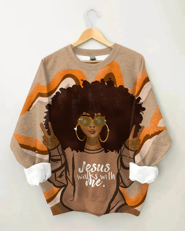 Afro Girl Jesus Walks with Me Long Sleeve Sweatshirt