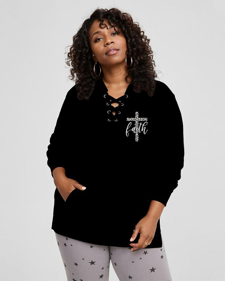 Cross Letter Print Lace Up Side Slit Hoodie