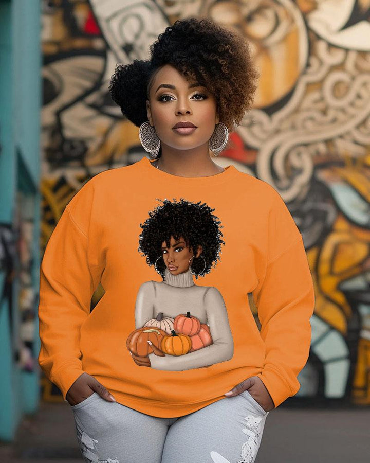 Women's Round Neck Thanksgiving Black Girl Printed Long Sleeve Sweatshirts