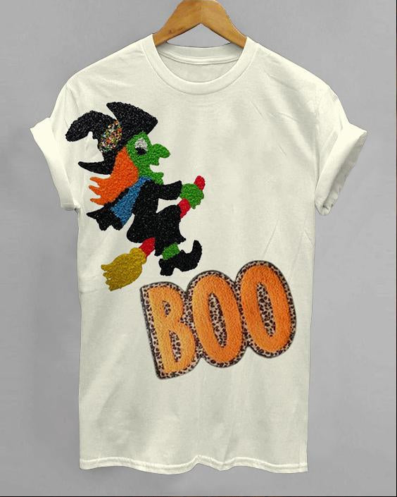 Halloween Simple 3D Plush Witch Print Cotton Crew Neck Short Sleeve Shirt