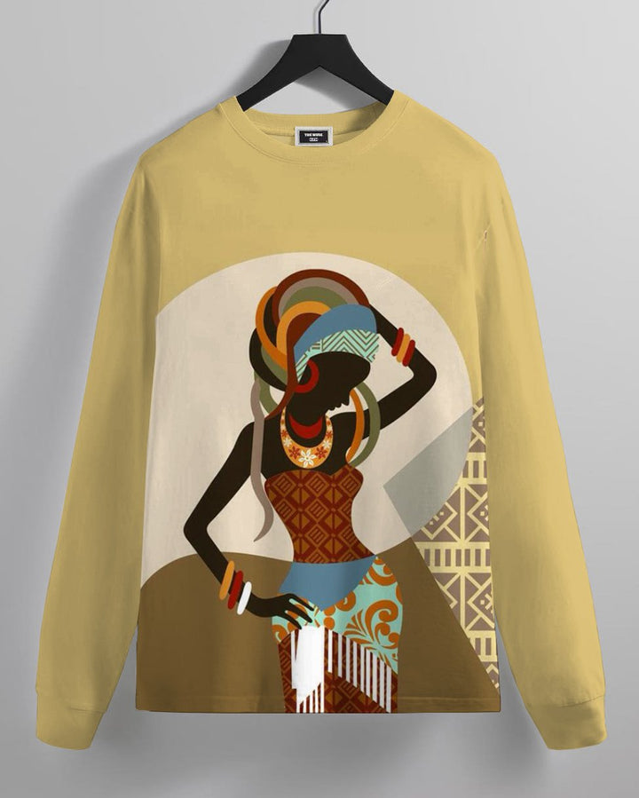 African Tribal Women Art Illustration Crew Neck Long Sleeve T-shirt