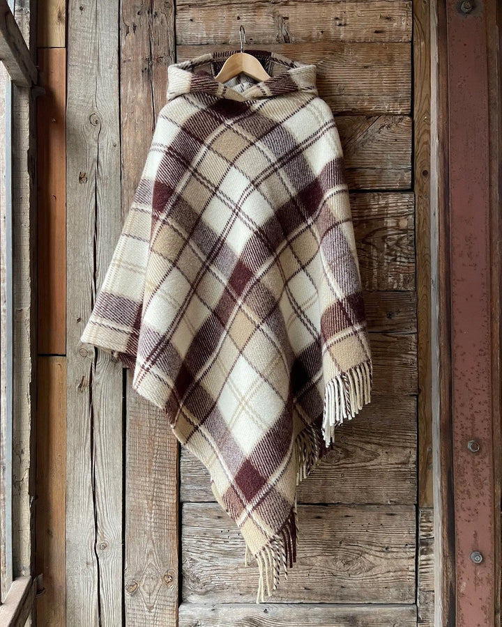 Khaki Plaid Stripes Tassels Hooded Warm Shawl Cape