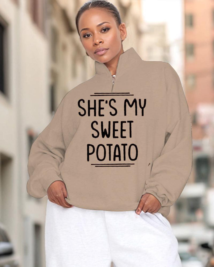 She’s My Sweet Potato I Yam Matching High Collar Zipper Long Sleeve Casual Sweatshirt