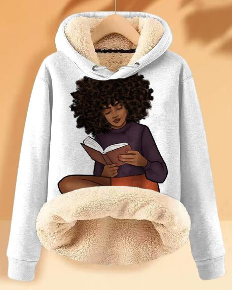 Plush and Warm Reading Brown Girl Long-sleeved Hoodie