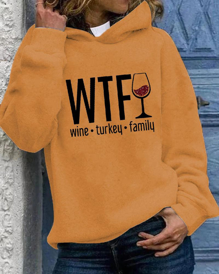 Women's Thanksgiving Wine Turkey Family Print Long Sleeve Hoodie With Pocket