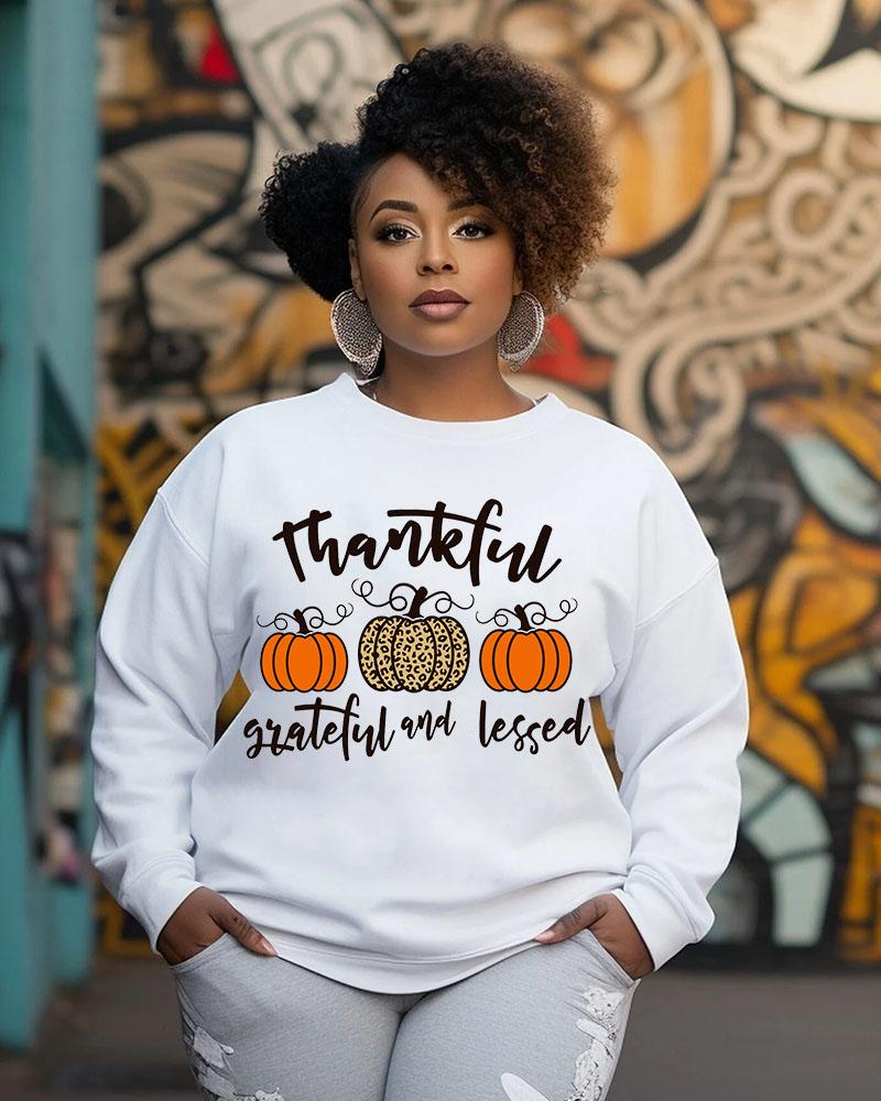 Women's Crewneck Black Girl Thanksgiving Day Slogan Thankful Grateful And Blessed Print Long Sleeve Sweatshirts