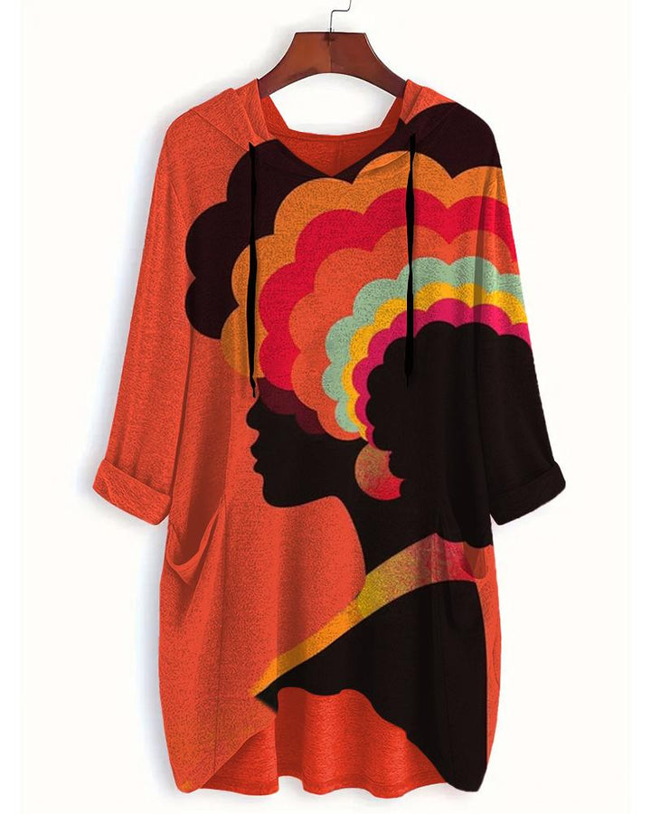 Retro Ethnic Print Hooded Pocket Three-Quarter Sleeve Long T-Shirt