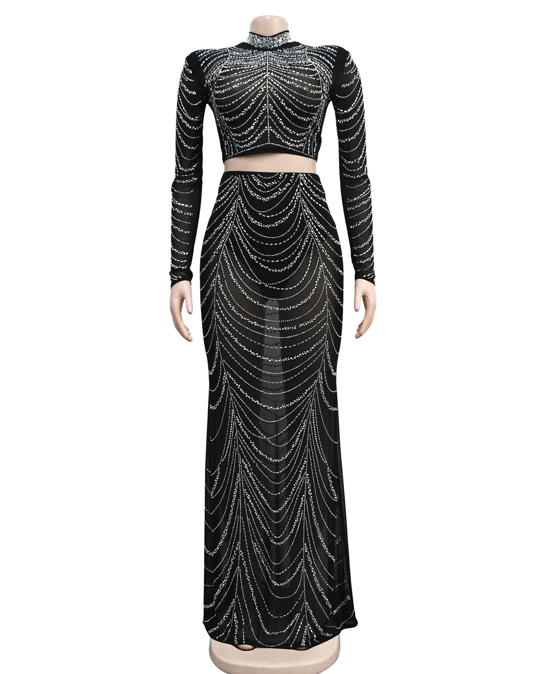 Women's Fashion Sexy Solid Color Mesh Hot Diamond Long Sleeve Long Dress Two-Piece Set