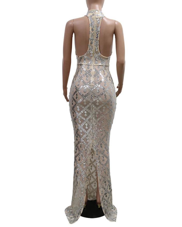 Women's Fashionable Slim Sexy Round Neck Sequin Hip-hugging Evening Dress