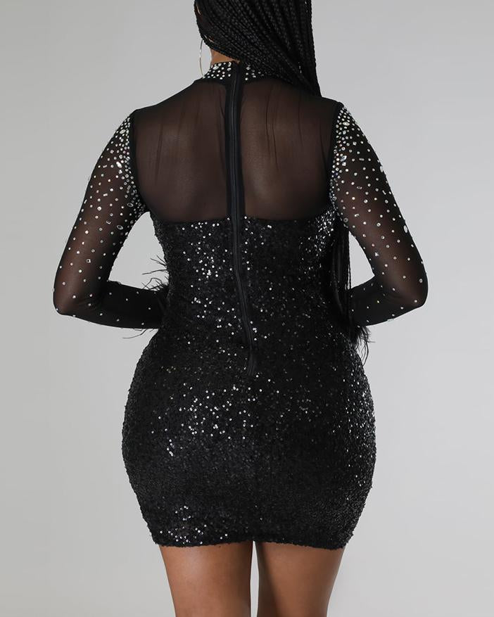 Women's Fashion Sexy Rhinestone Hip-Wrapped Feather Sequin Evening Party Long Sleeves Short Dress