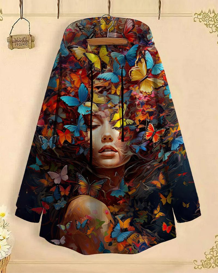 Artistic Butterfly Portrait Long-Sleeved with Loose Hem Hoodie